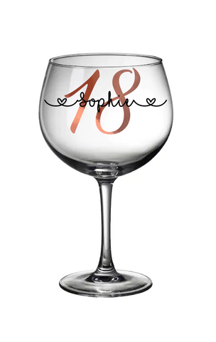 Personalised Birthday age & Heart font Name Gin Glass